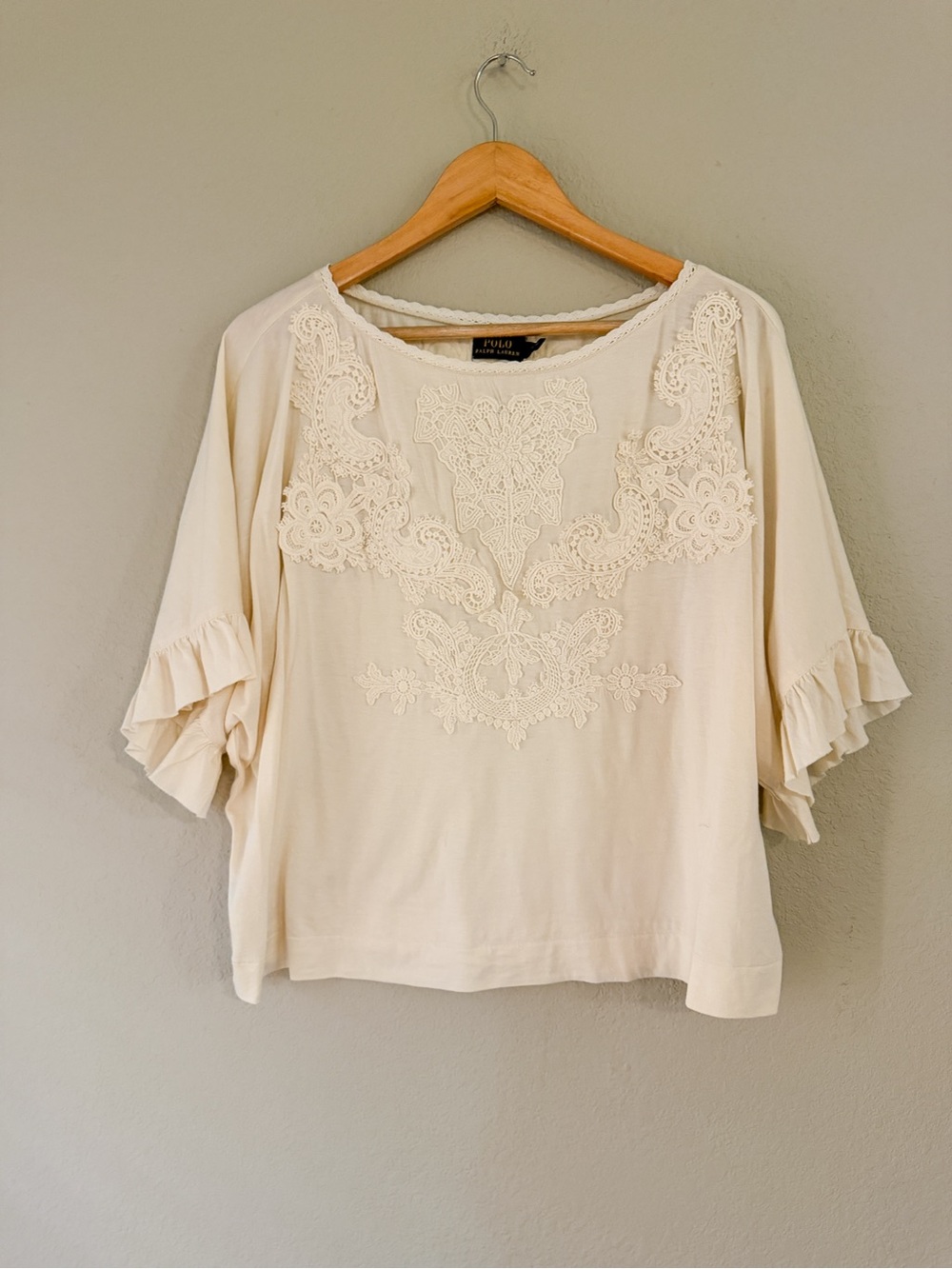 Polo by Ralph Lauren Cream Embroidered Flutter-Sleeve Top Large